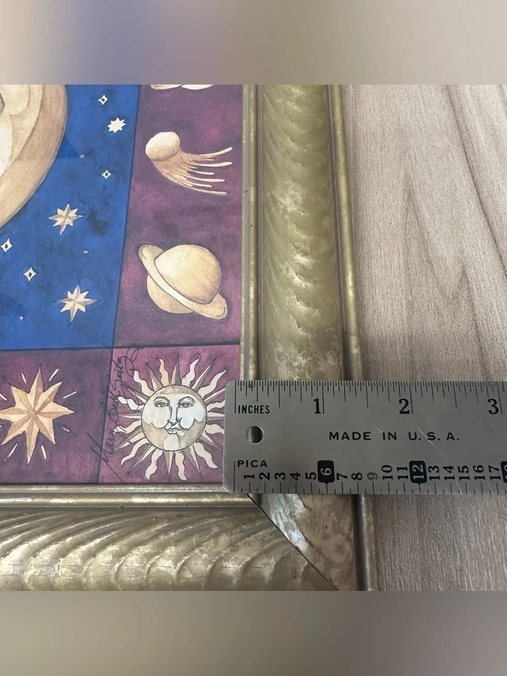 Rare Vintage 90s Mary Beth Zeitz Celestial Moon & Stars Framed Art 14.5 X 14.5